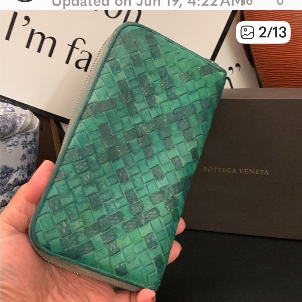 Bottega Veneta Intreciato Green Snakeskin Zippy Wallet - Without Box